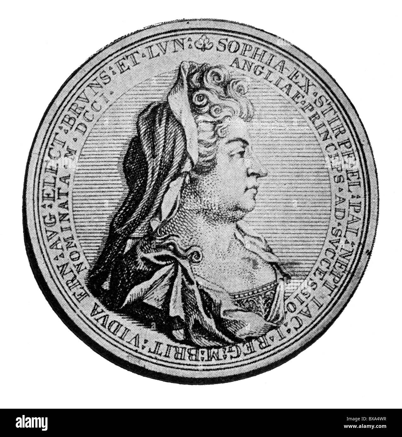 Los Electress Sophia; Medalla golpeó a conmemorar el Acto de Sucesión; ilustración en blanco y negro. Foto de stock