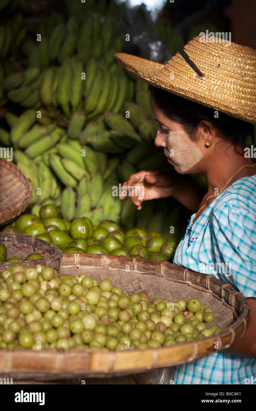 Mujer birmana elegir frutas en el mercado de Myitkyina Foto de stock