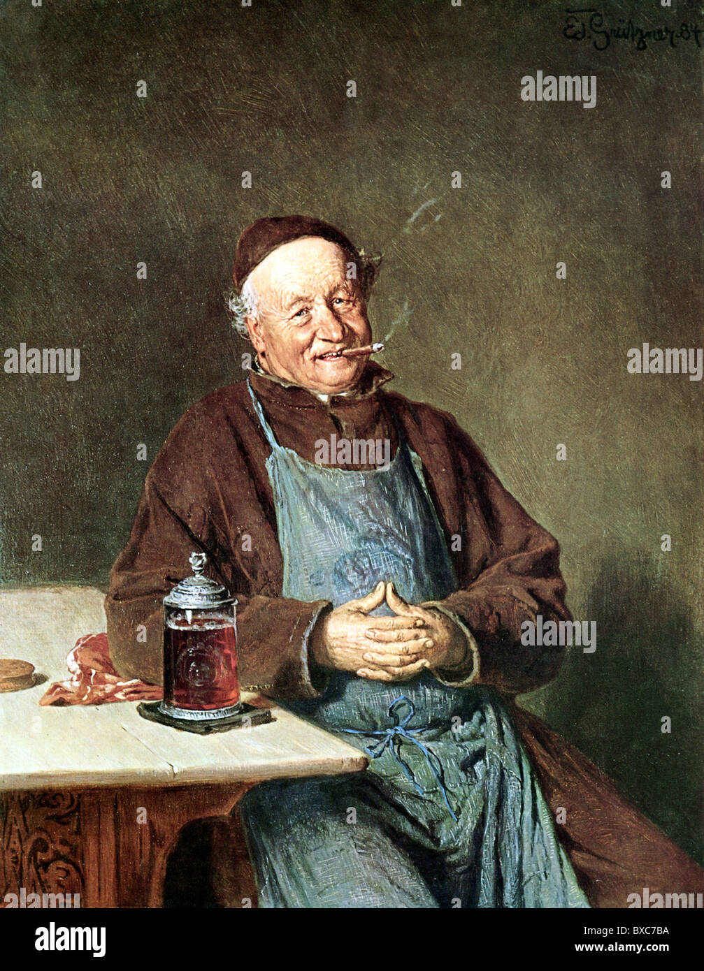 Alcohol, cerveza, 'Beim Klosterbier' (con cerveza de claustro), impresión después de la pintura de Eduard Grützner (1846 - 1925), , Derechos adicionales-Clearences-no disponible Foto de stock