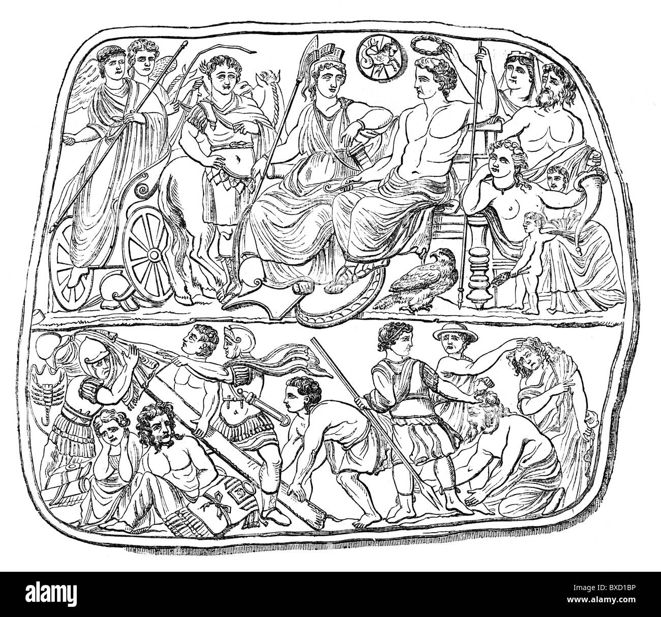 Dibujo de líneas; La apoteosis del emperador romano Augusto, desde el cameo de Viena; ilustración en blanco y negro. Foto de stock