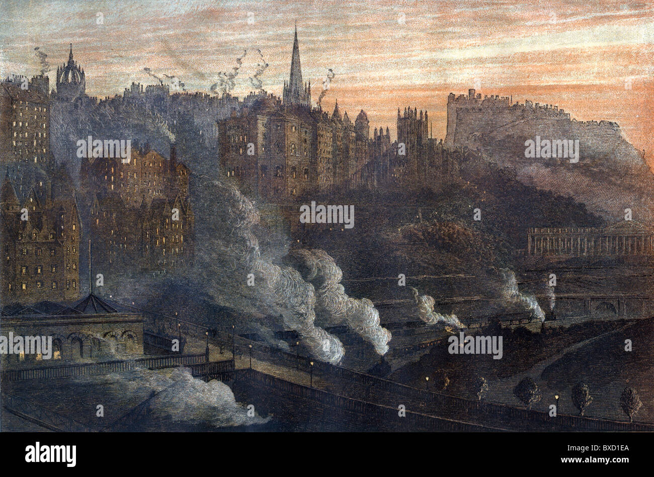 Edimburgo en el siglo XIX, circa 1860; Colourised Ilustración; Foto de stock