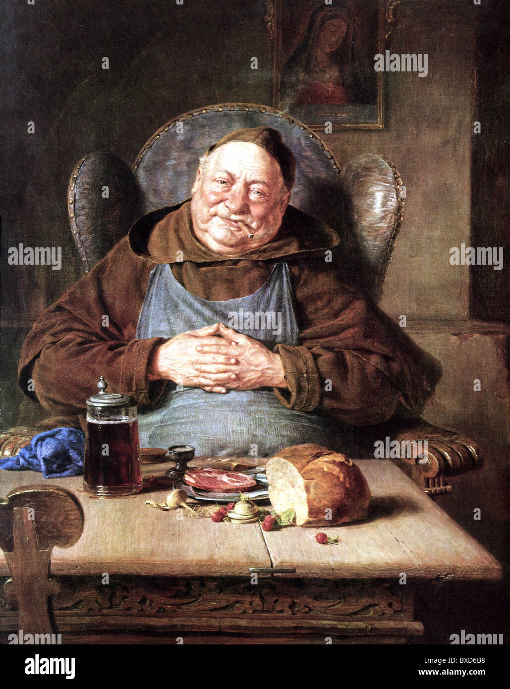 Alcohol, cerveza, 'Beim Klosterbier' (con cerveza de claustro), impresión después de la pintura de Eduard Grützner (1846 - 1925), , Derechos adicionales-Clearences-no disponible Foto de stock