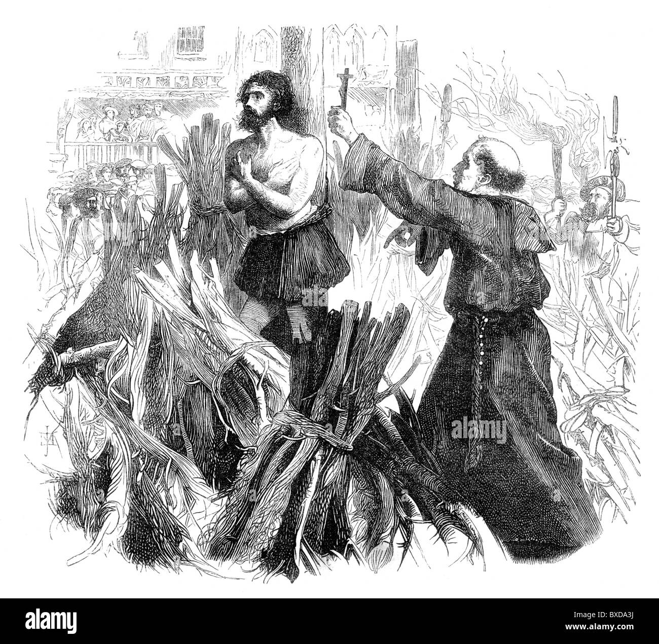Un mártir protestante siendo quemados en la hoguera; ilustración en blanco y negro. Foto de stock