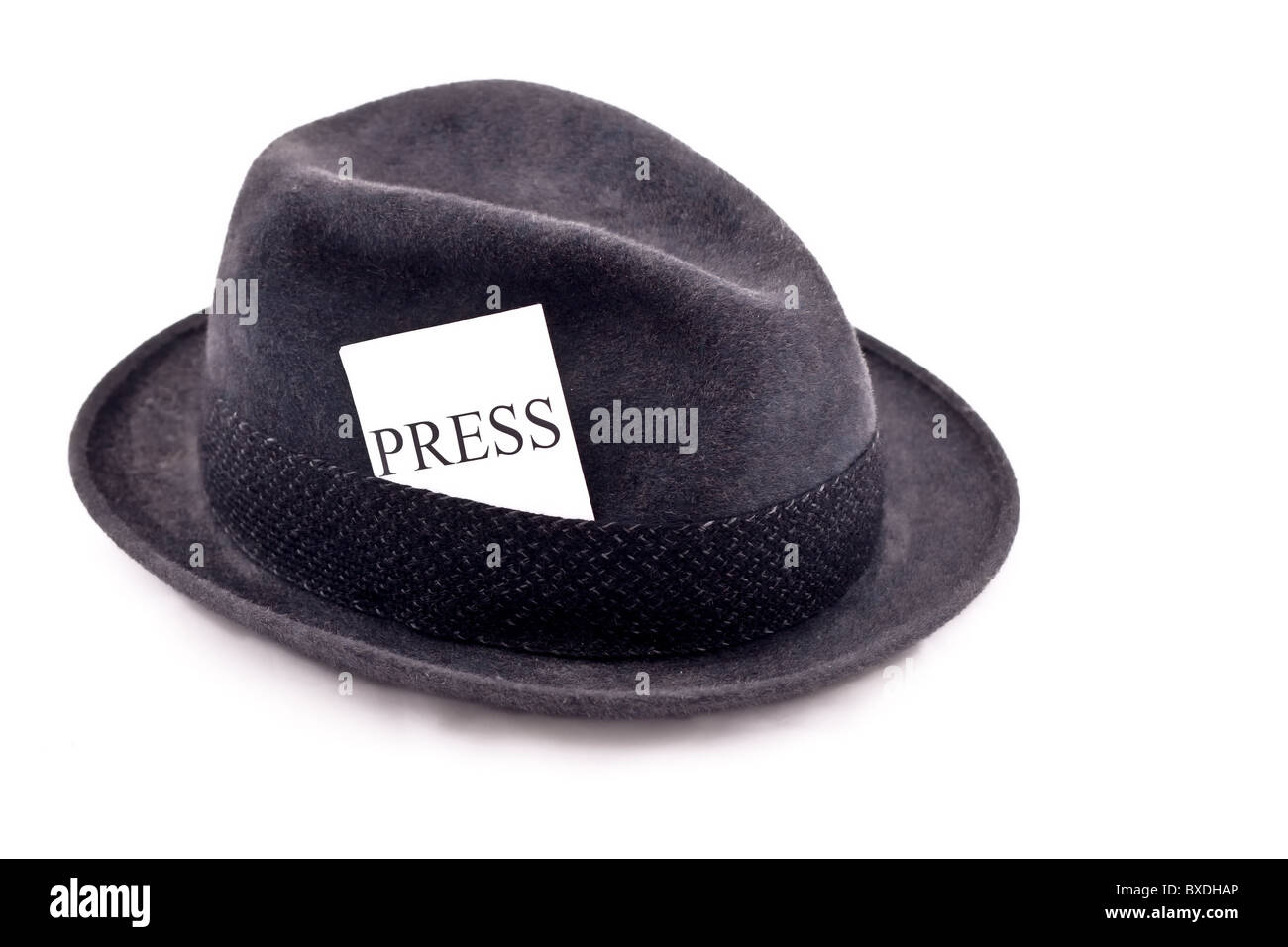Un fotoperiodista fedora hat con tarjeta de prensa Foto de stock