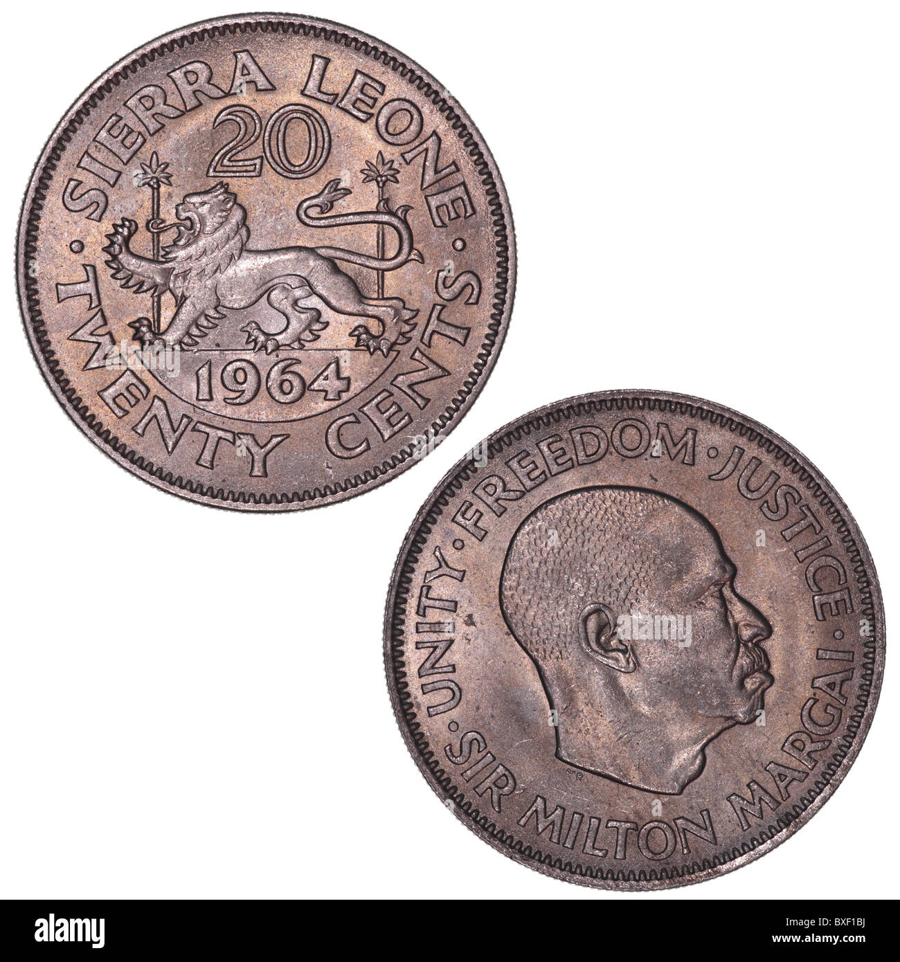 Sierra Leona moneda de 20 centavos (1964). El reverso presenta un transeúnte león. El anverso presenta un retrato de Sir Milton Margai (1895-1964) Foto de stock