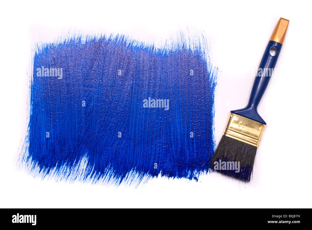 Cepillos profesionales de pintura azul sobre un fondo blanco. Foto de stock
