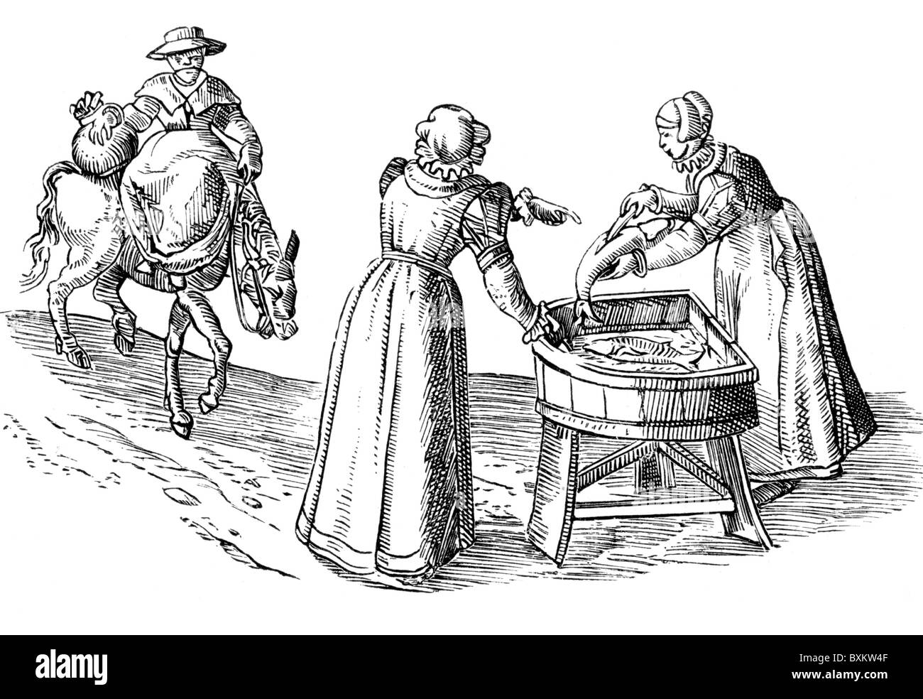 Las mujeres en el mercado inglés, siglo XVI; ilustración en blanco y negro. Foto de stock