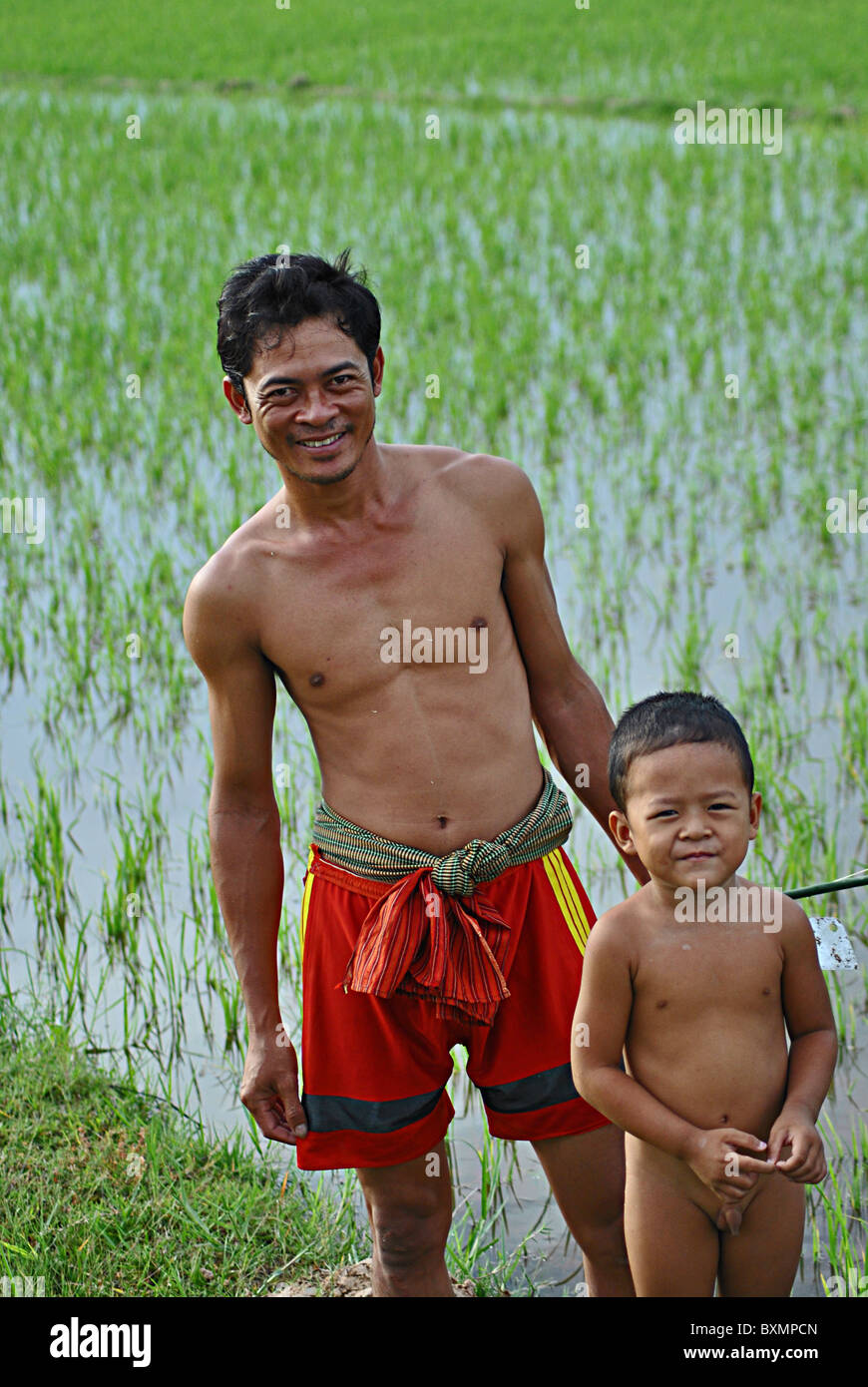 El padre y el hijo por arrozales cerca de Siem Reap, Camboya Foto de stock