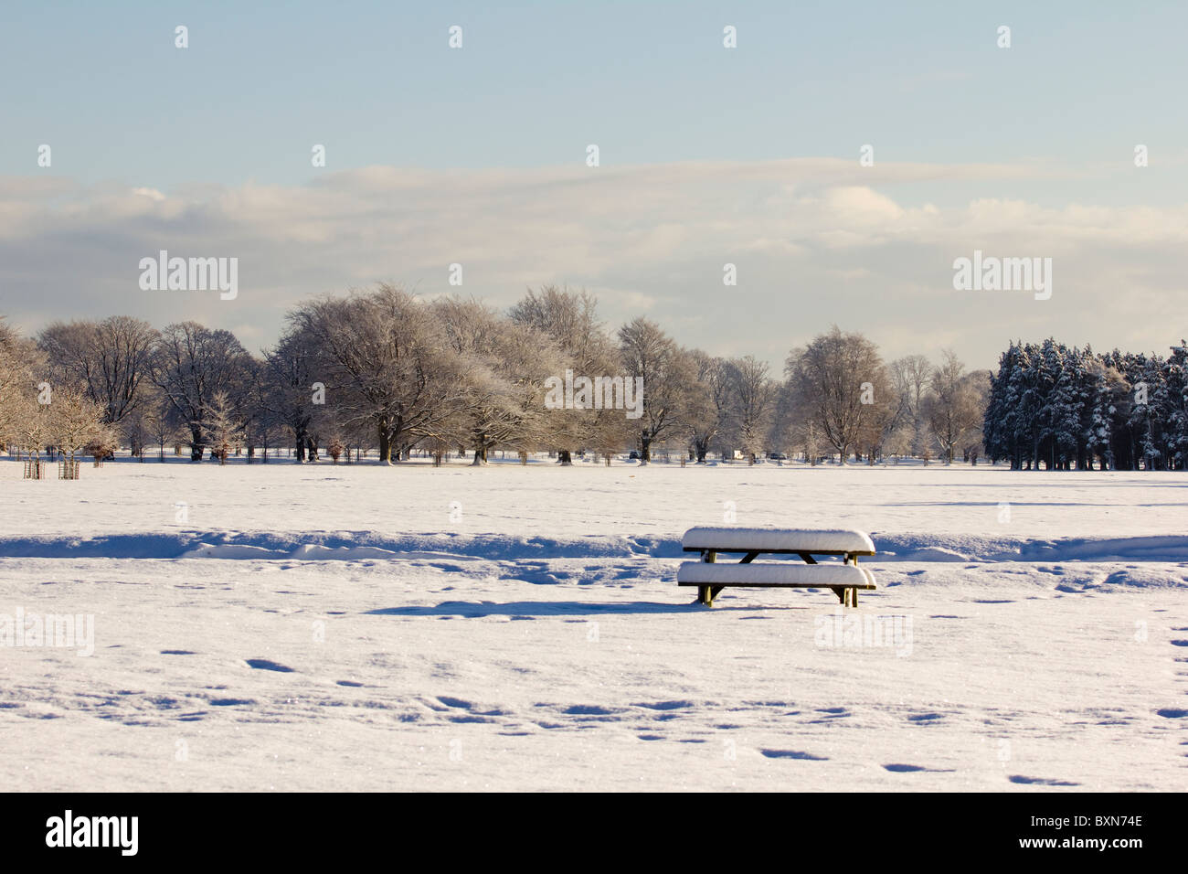 Lonely mesa de picnic cubierto por la nieve Foto de stock