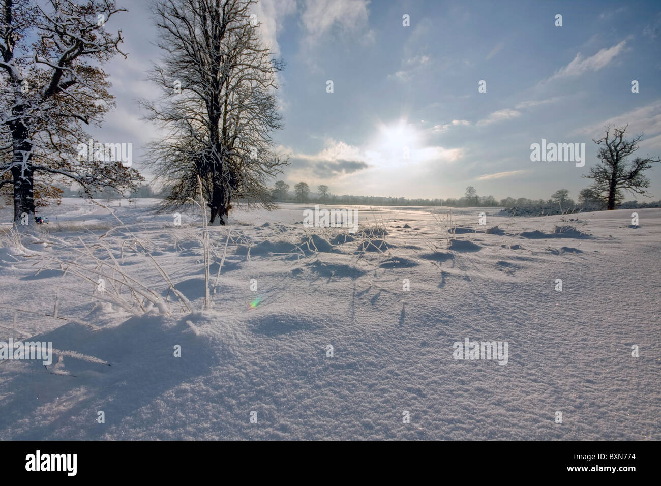 Sun está subiendo de detrás de la colina en tiempo de invierno Foto de stock