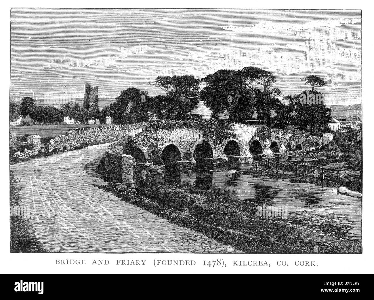 El puente y Convento de Kilcrea, Condado de Cork, Irlanda; ilustración en blanco y negro. Foto de stock