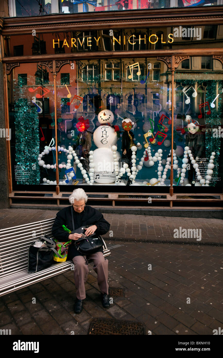 Reino Unido, Inglaterra, Yorkshire, Leeds, Briggate, Harvey Nichols', Mostrar ventana de Navidad Foto de stock