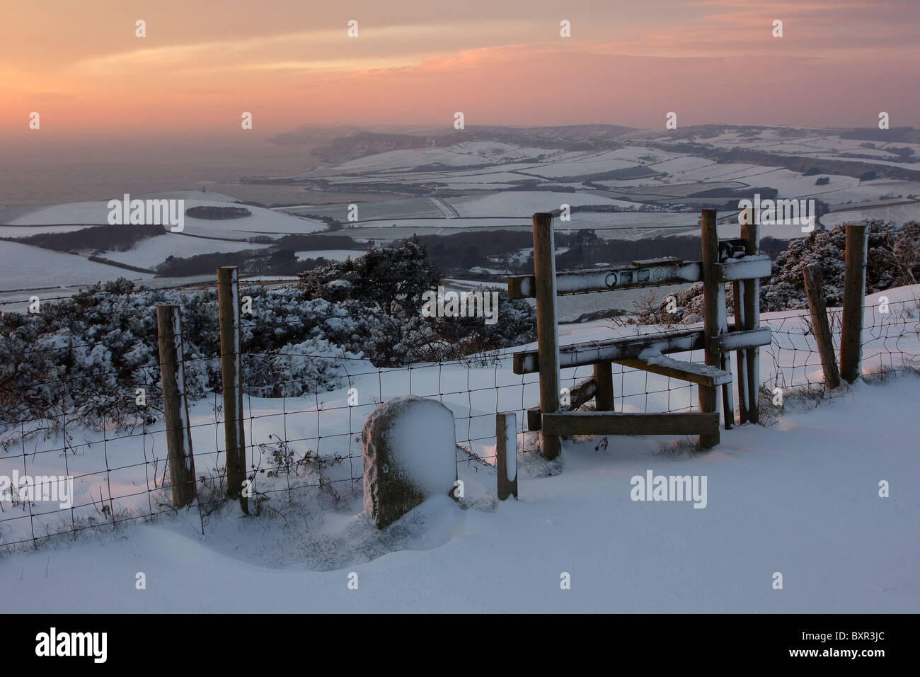 Cubiertas de nieve, vista desde la cabeza hacia la bahía de Kimmeridge Swyre en la costa de Dorset, Reino Unido. Foto de stock
