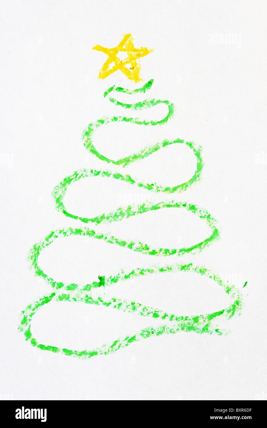 Árbol de Navidad dibujado con un lápiz verde línea curvada y una estrella amarilla Foto de stock