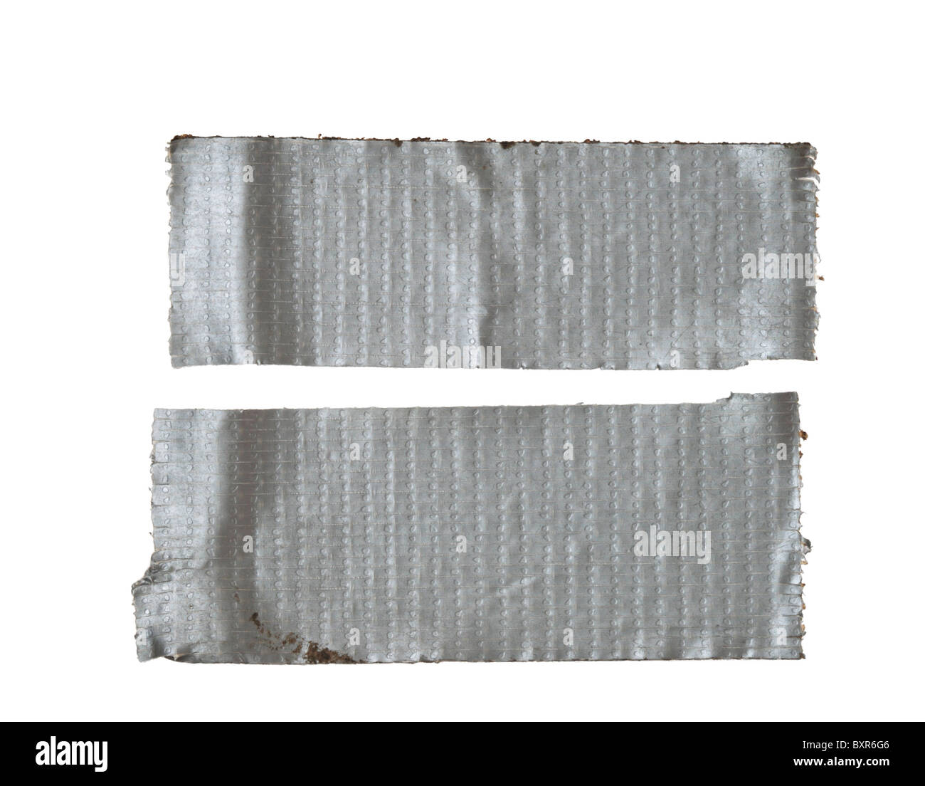 Sucio dos tiras de cinta aislante gris plata aislado sobre fondo blanco. Foto de stock