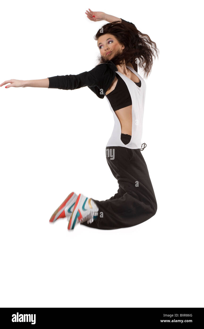 Publicación En cantidad temblor Flying bailarina mujer moderna vestimenta hip hop saltar sobre fondo blanco  Fotografía de stock - Alamy