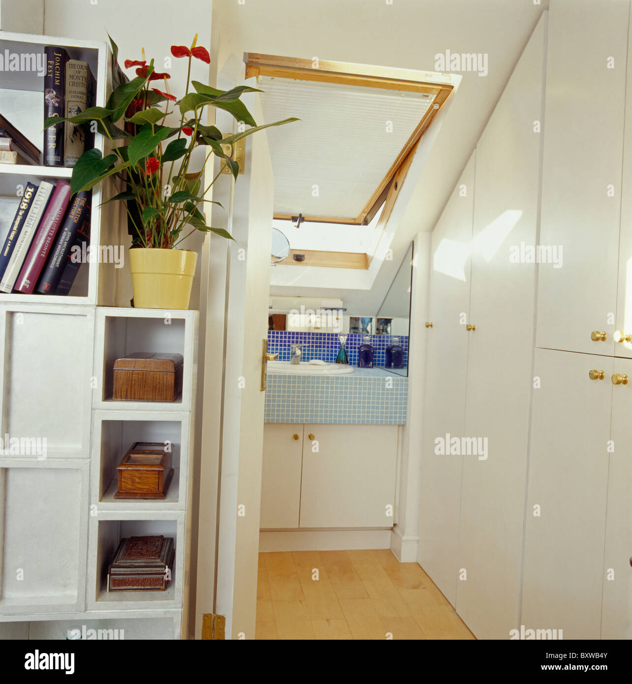 Estanterías junto a puerta plegable para en-suite loft baño conversión equipado con armario y ventana velux con blanco ciego Foto de stock