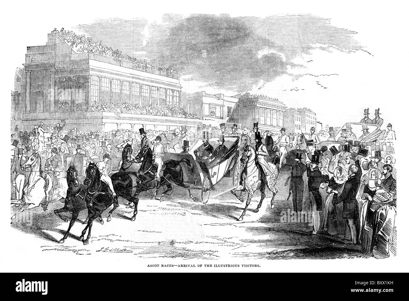 Las carreras de Ascot; La llegada de visitantes ilustres; siglo xix; ilustración en blanco y negro. Foto de stock