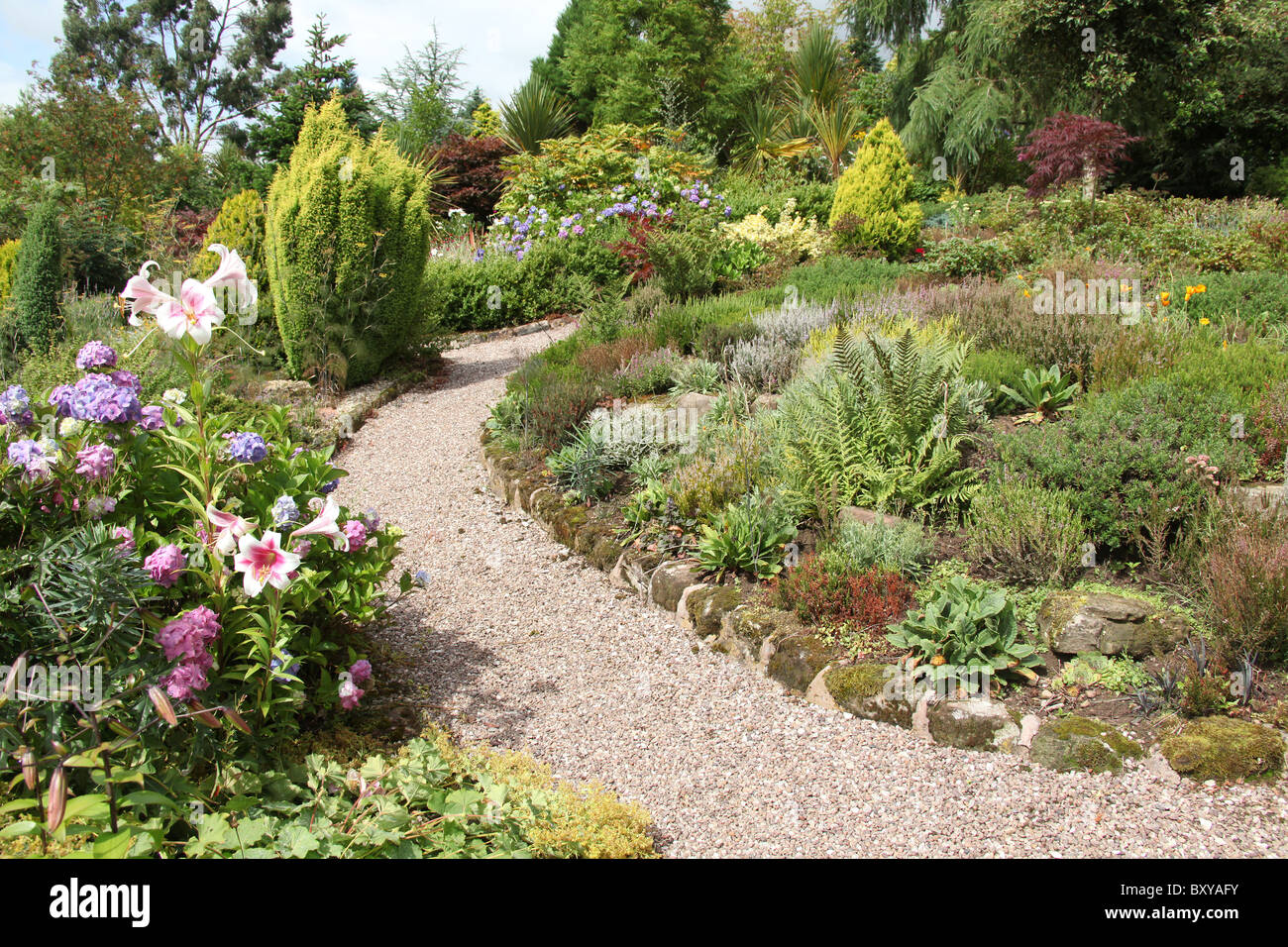 Jardines de Mount Pleasant, Inglaterra. La pintoresca vista de verano de los bordes florales en Mount Pleasant jardines. Foto de stock