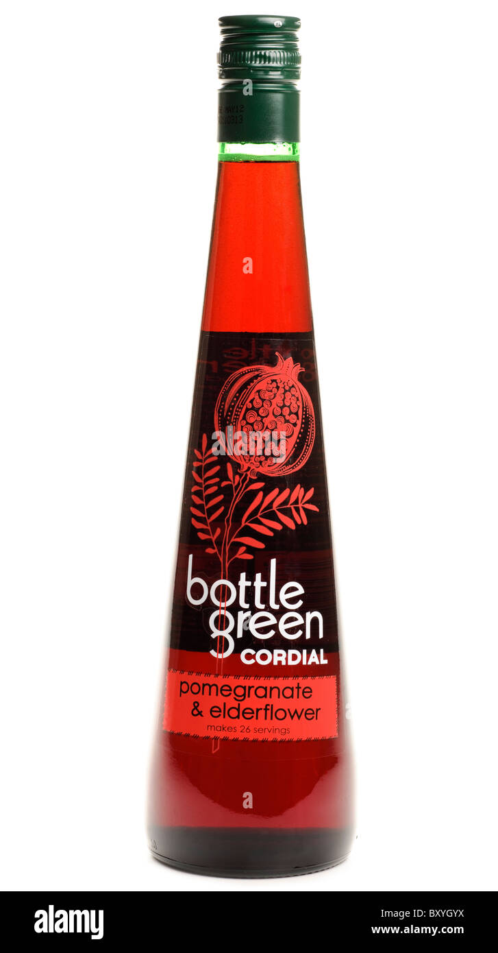 Botella de botella verde Granada y Elderflower cordial Foto de stock