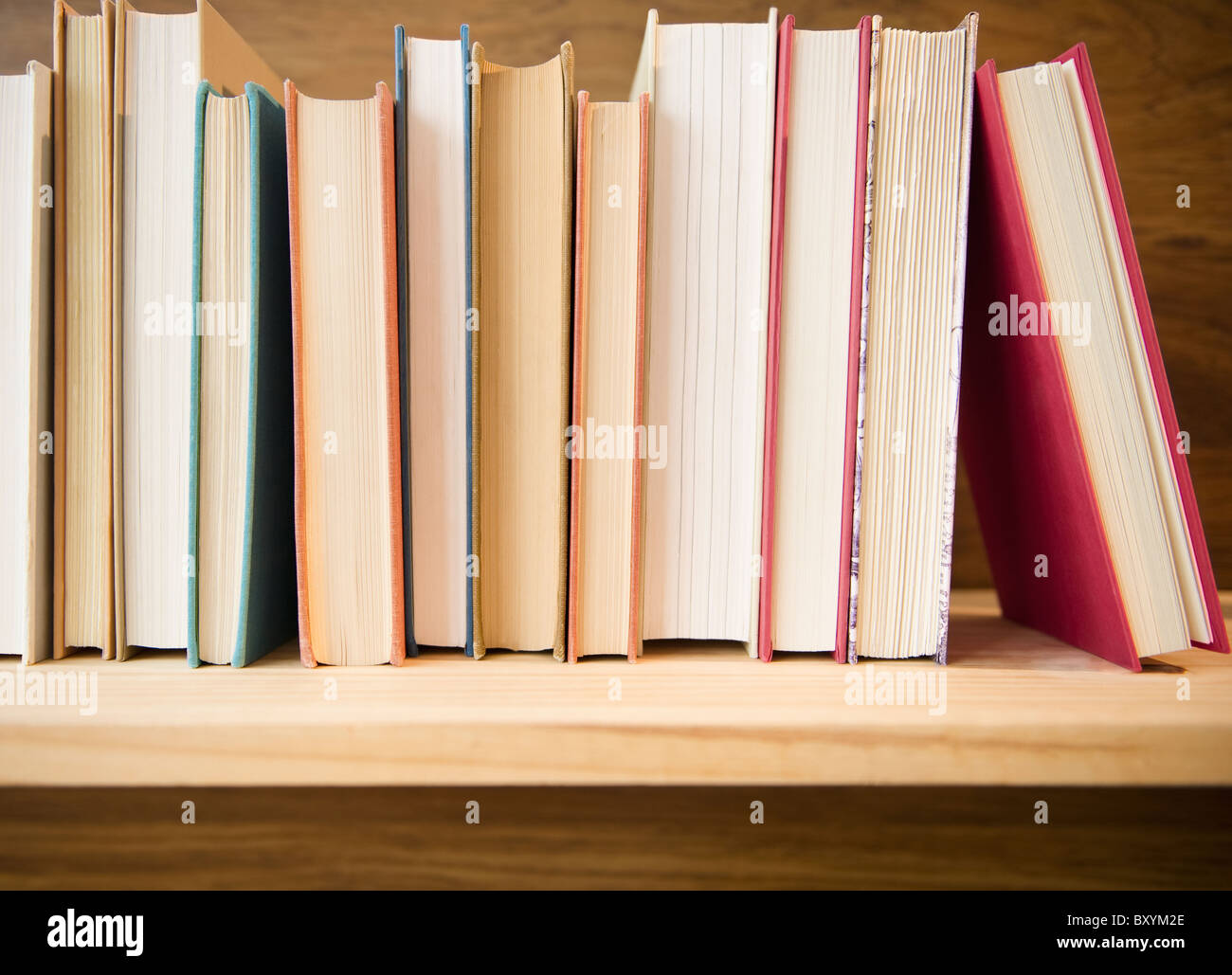 Fila de libros en la estantería Foto de stock