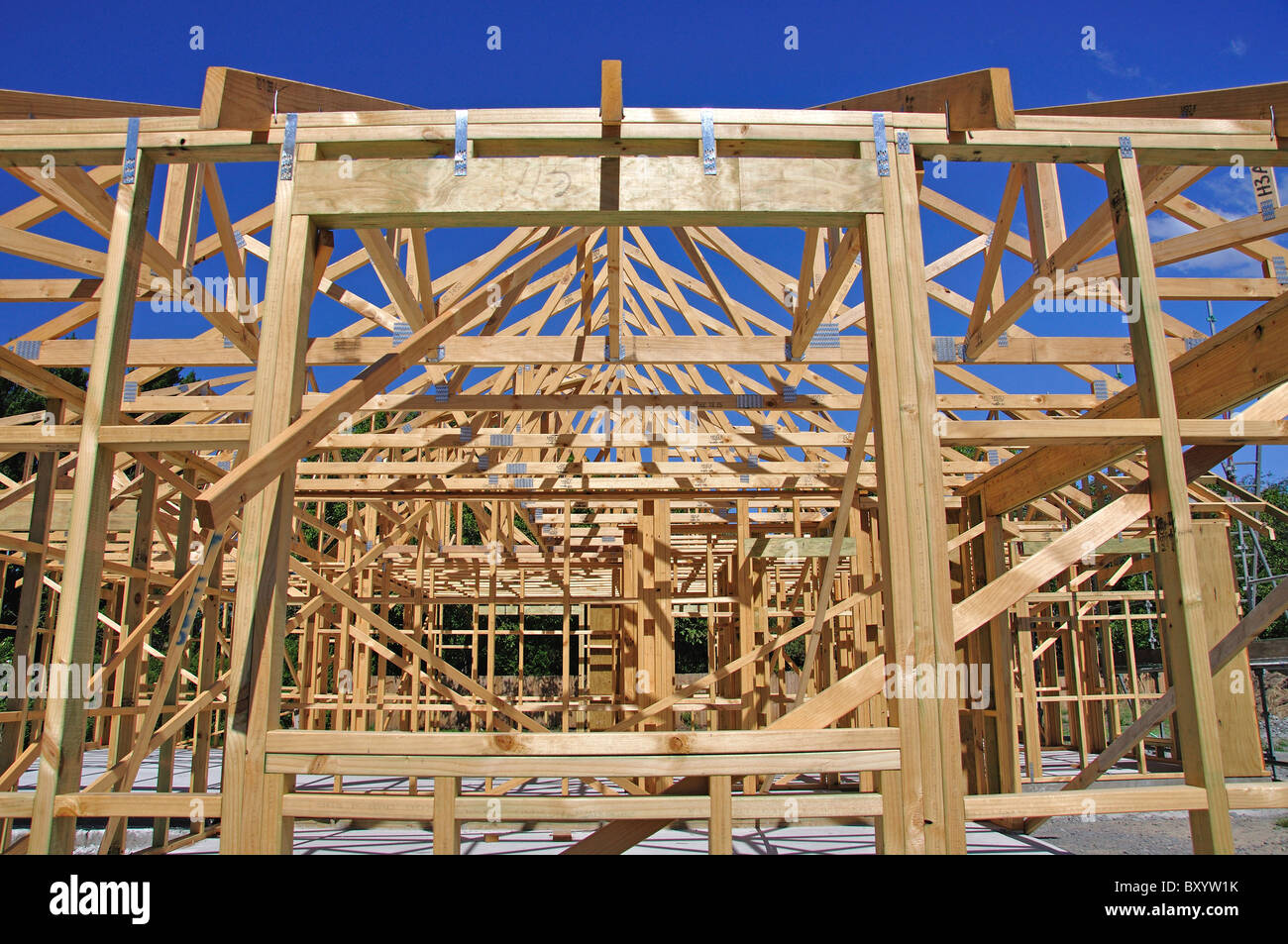 Bastidor de madera nueva casa en construcción Opawa, Christchurch, Canterbury, Isla del Sur, Nueva Zelanda Foto de stock