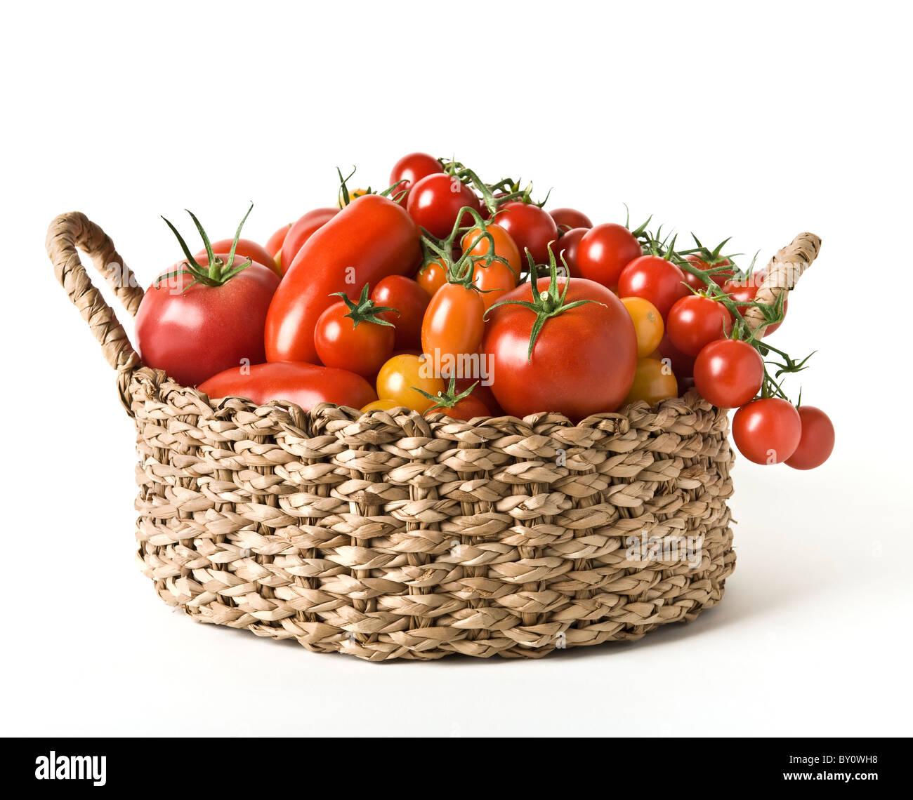 Una cesta con una variación de tomates aislado en blanco Foto de stock