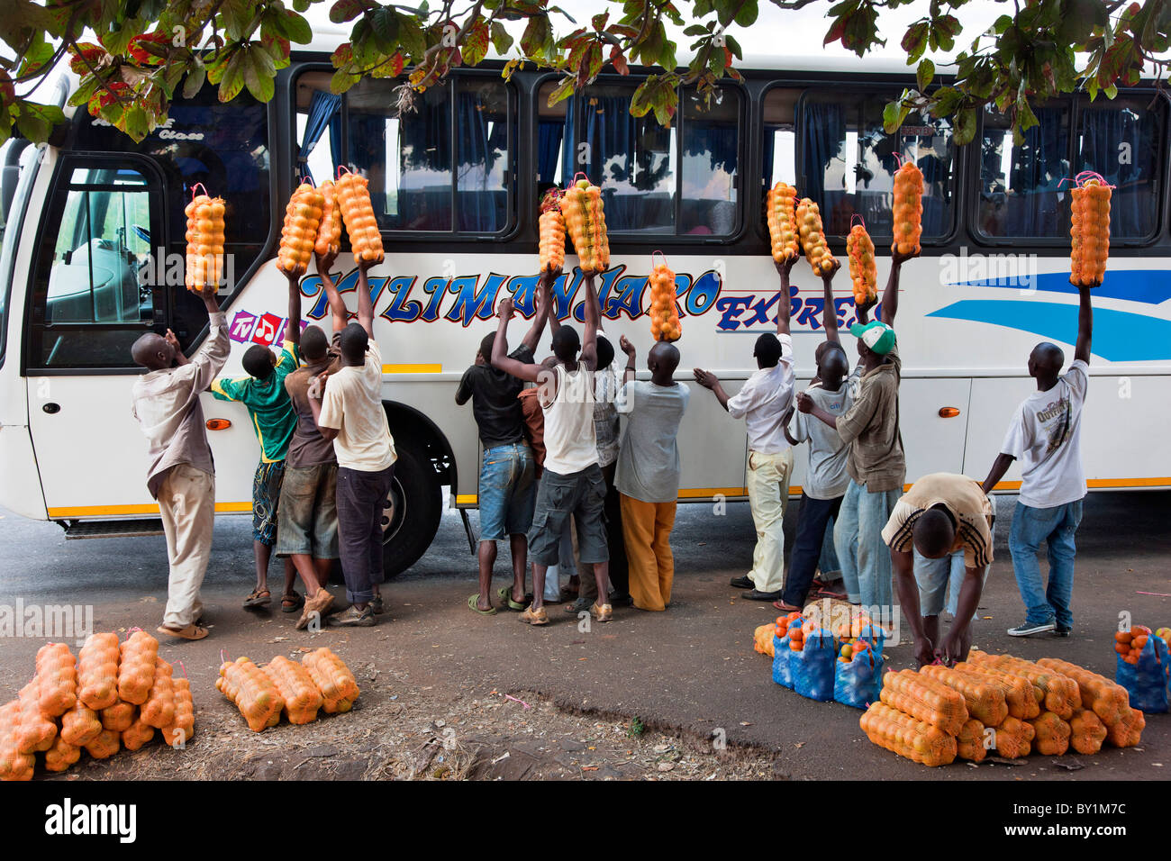 Naranja-vendedores ofrecen sus frutos a los pasajeros de un autobús que viajan desde Dar-es-Salaam para Nairobi. Foto de stock