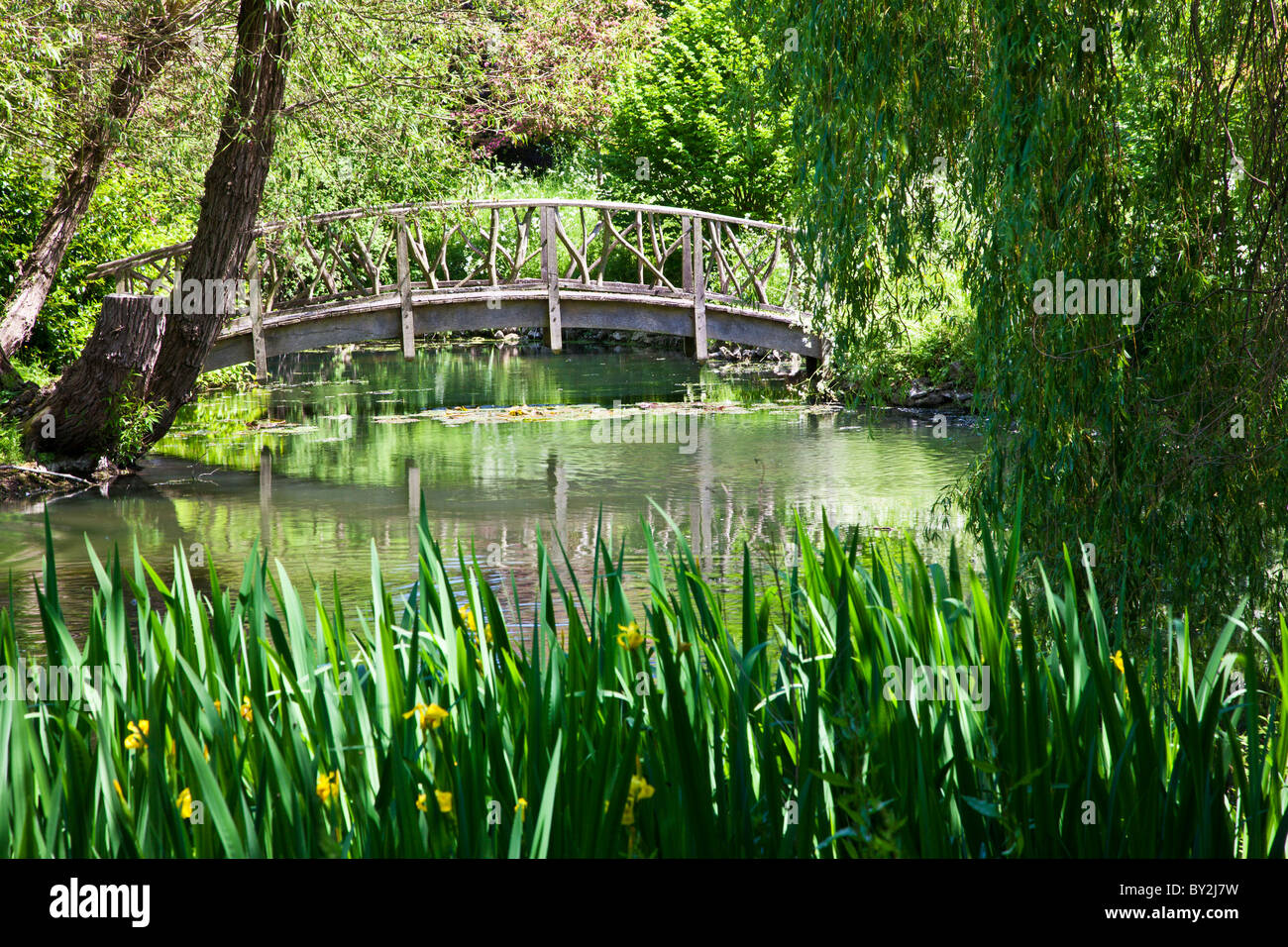 Un gran estanque ornamental o pequeño lago con un bonito puente de madera rústica en inglés un país jardín en verano Foto de stock