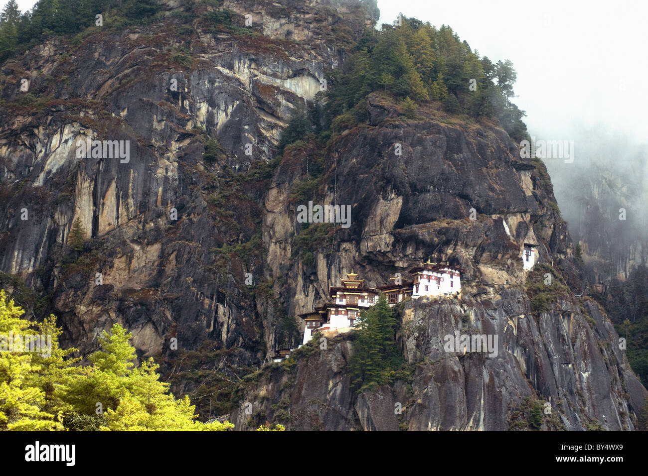 Tiger's Nest, o Taktsang, un monasterio budista, espectacularmente situado en lo alto de un acantilado en Bhután Foto de stock
