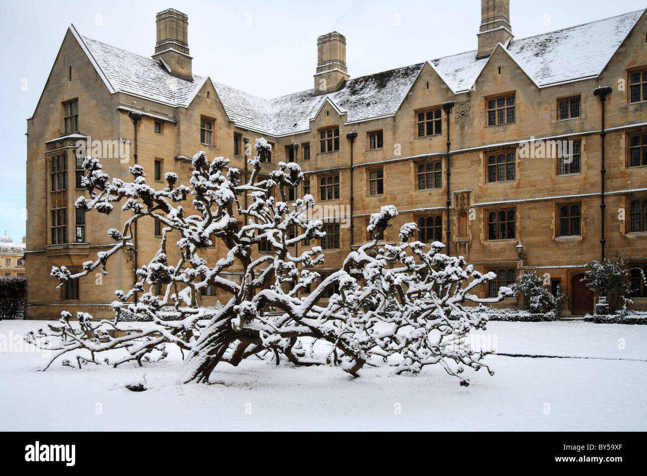 El Kings College de Cambridge en la nieve "Bodley's court' de la Universidad de Cambridge Foto de stock