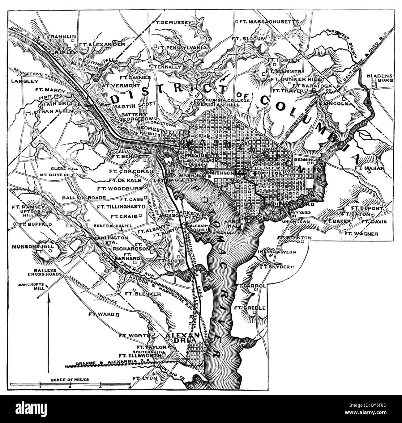 A comienzos de 1862, cincuenta y dos fortalezas y refugios estaban dispuestos en las cercanías de la Capital Nacional, Washington, D.C., como se muestra en la figura y la Foto de stock
