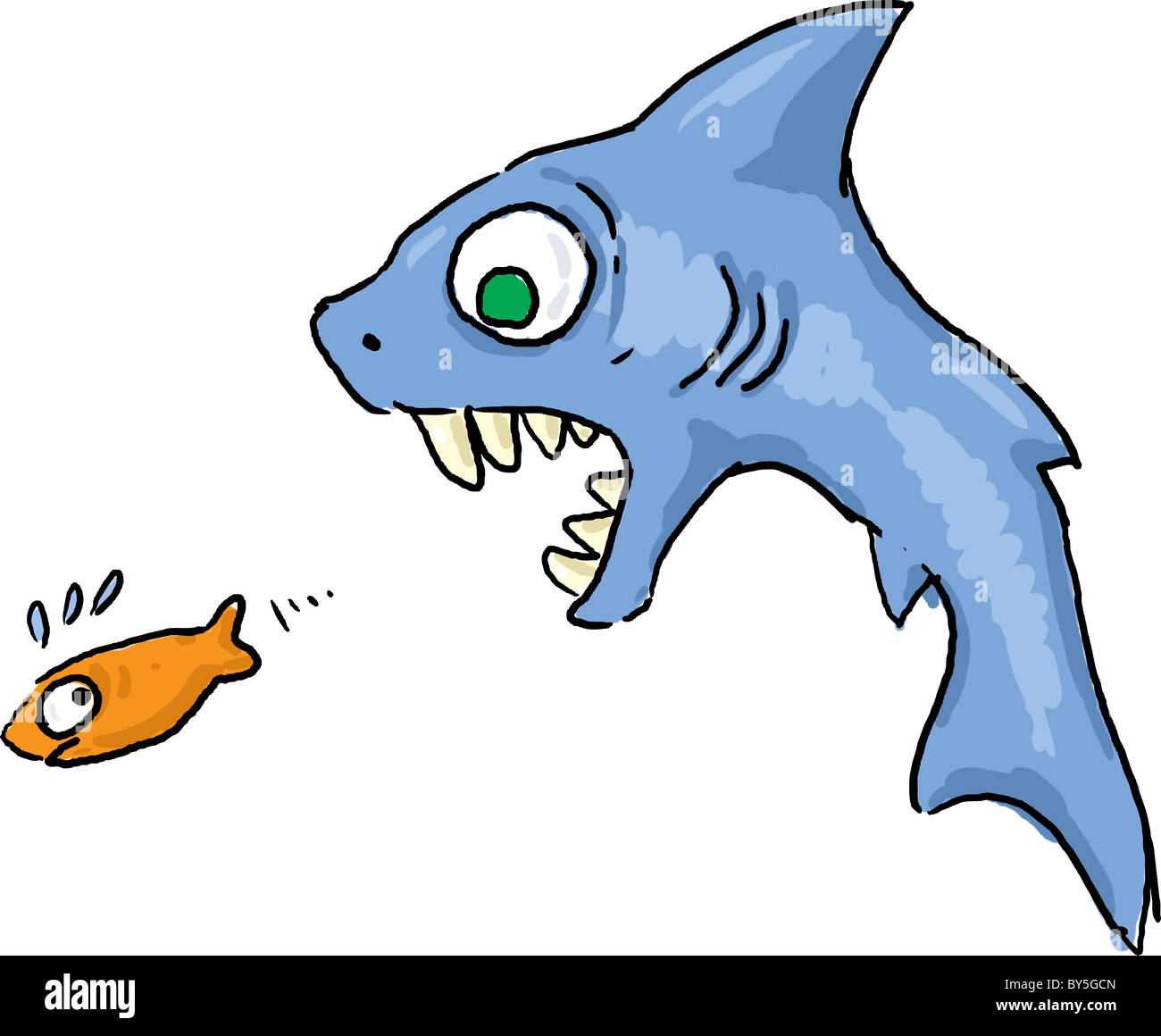Shark persiguiendo los peces escapan de la muerte cartoon ilustración Foto de stock