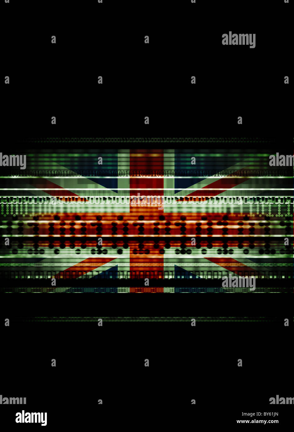 Union Jack británica mezclados con flujos de datos que representa el uso de datos, delitos informáticos, seguridad nacional Foto de stock