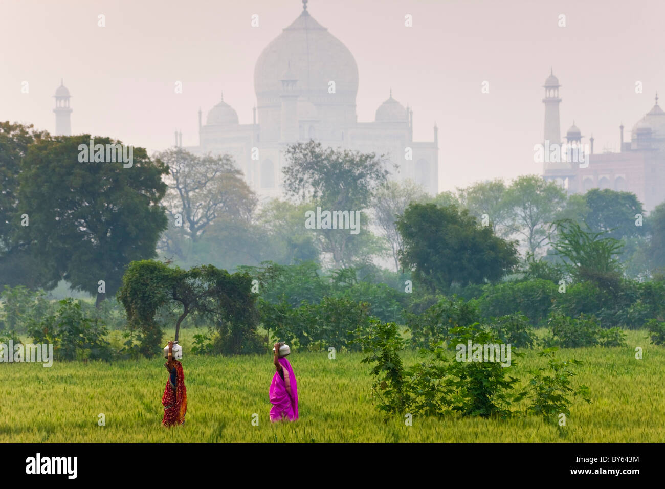 Llevar agua potes, Taj Mahal, Agra, India Foto de stock