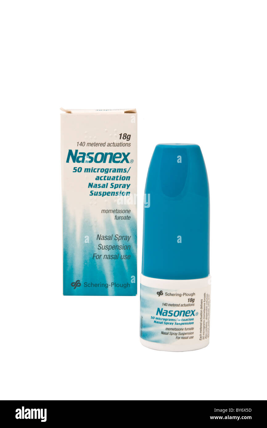 Nasonex spray nasal para la rinitis. Nasonex viene en forma de una  suspensión acuosa, dentro de una bomba dosificadora. La boquilla del  dispensador, se coloca i Fotografía de stock - Alamy