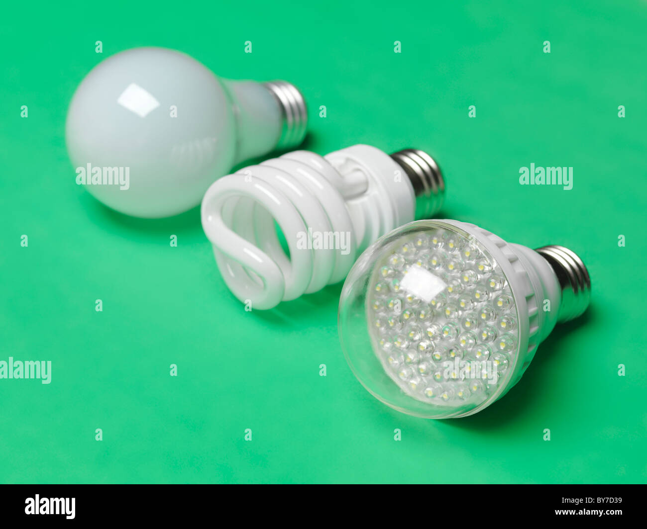 Tres generaciones de bombillas. Incandescente normal de ahorro de energía, fluorescentes y LED aislado sobre fondo verde Foto de stock