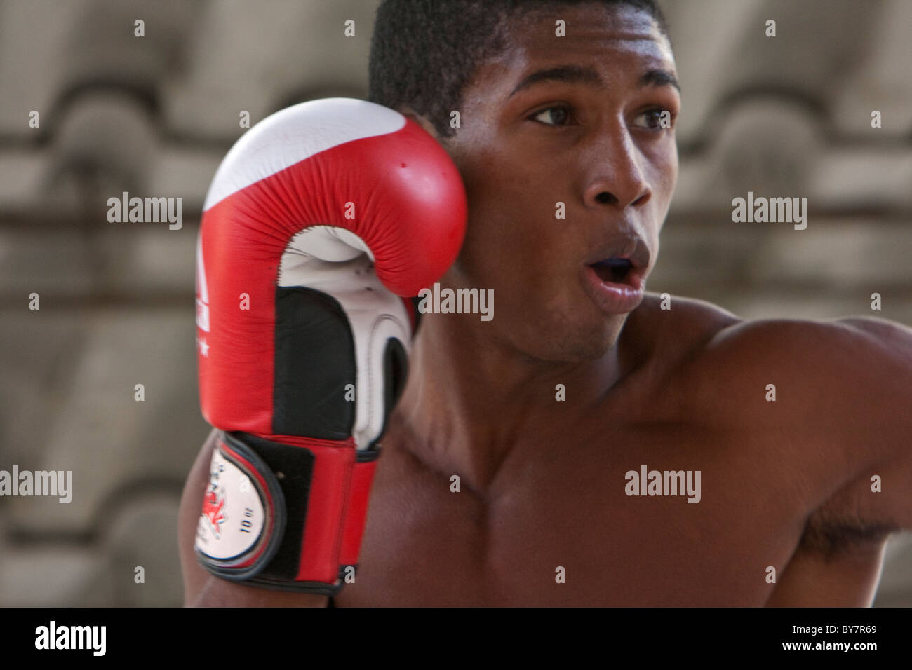 Cuba, La Habana. Boxer afrocubano en la práctica. Foto de stock