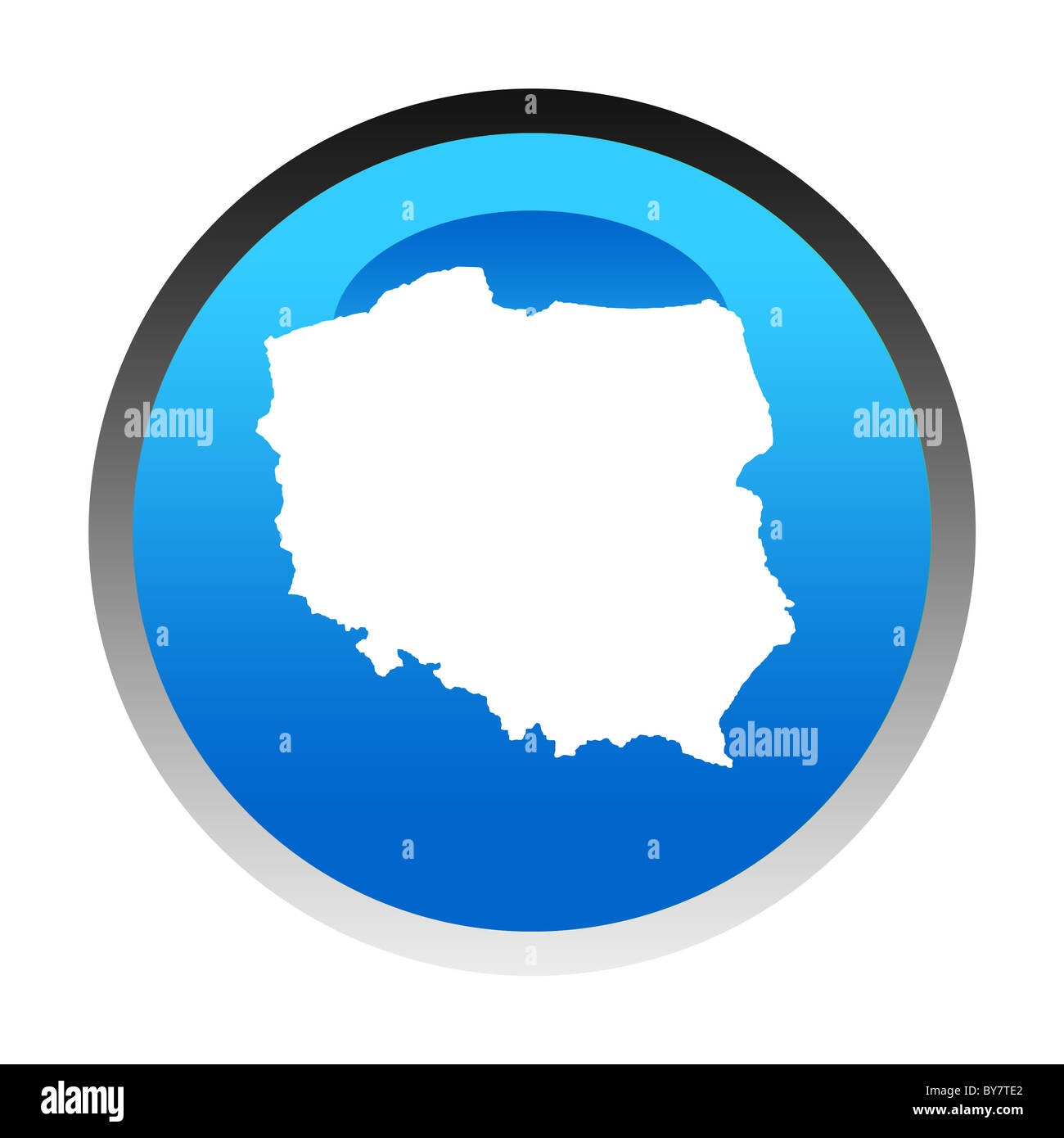 Polonia mapa botón circular azul aislado sobre fondo blanco. Foto de stock