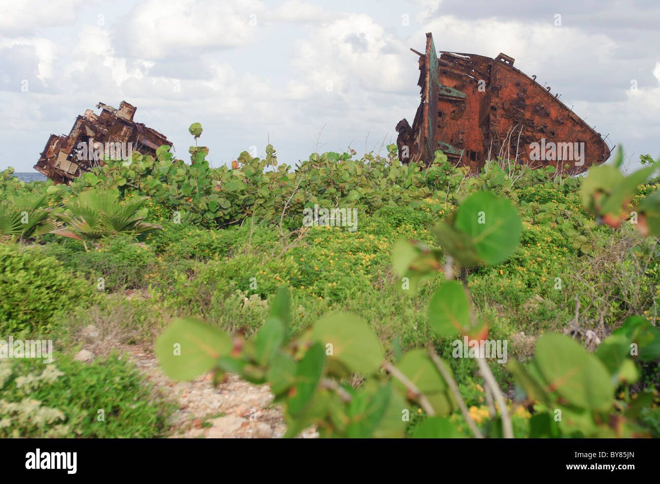 Naufragio en una playa de Cuba tomadas a la costa por el huracán Ike en 2008. Foto de stock