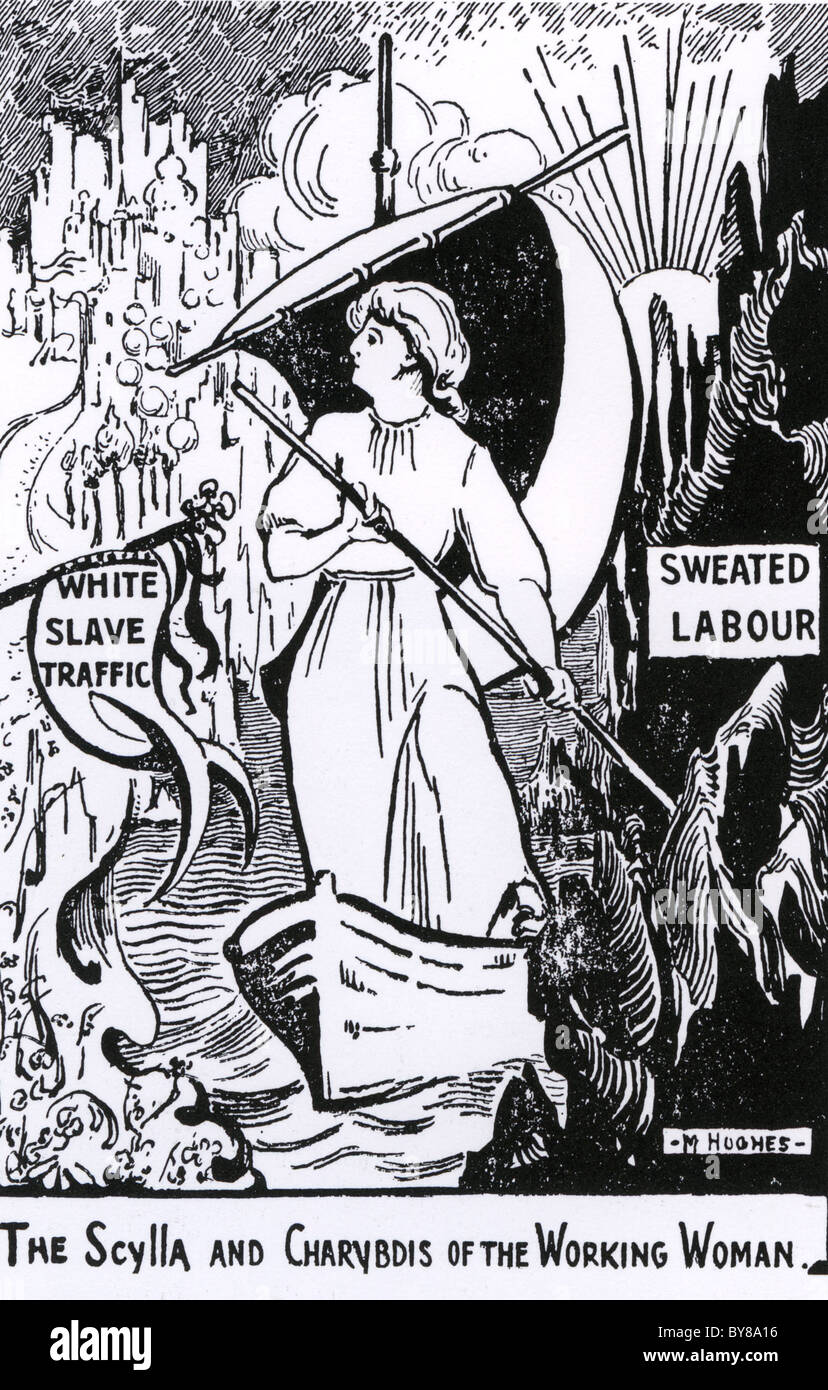 La Escila y Caribdis DE LA MUJER TRABAJADORA 1904 Ilustración mostrando una trabajadora un curso de dirección entre dos males Foto de stock