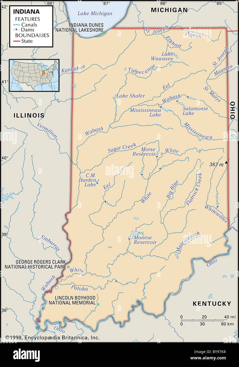 Mapa Físico de Indiana Foto de stock