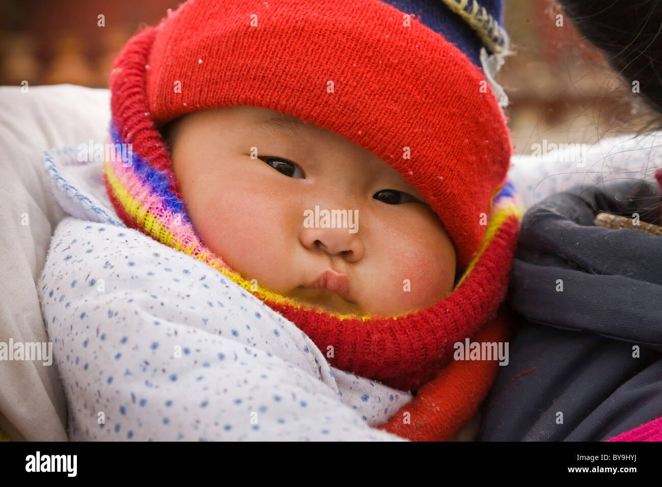 Tibetano en papoose bebé sobre la madre de vuelta en el Barkhor Lhasa (Tíbet). JMH4659 Foto de stock