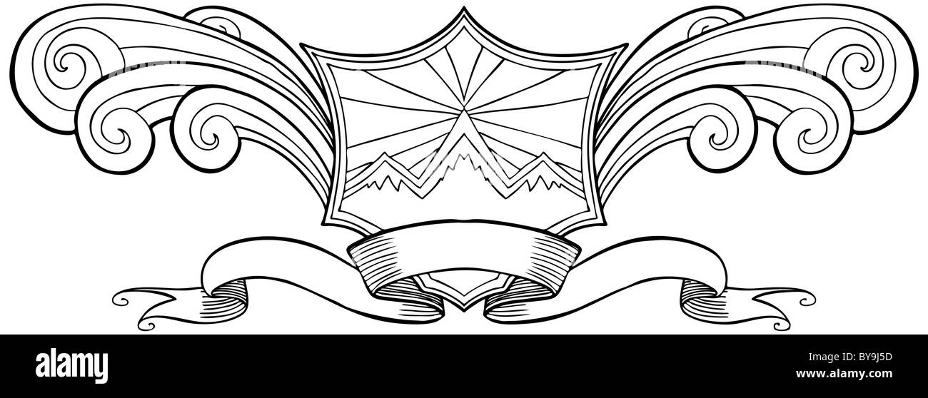 Elemento de diseño de escudo con montañas cubiertas de nieve. Foto de stock
