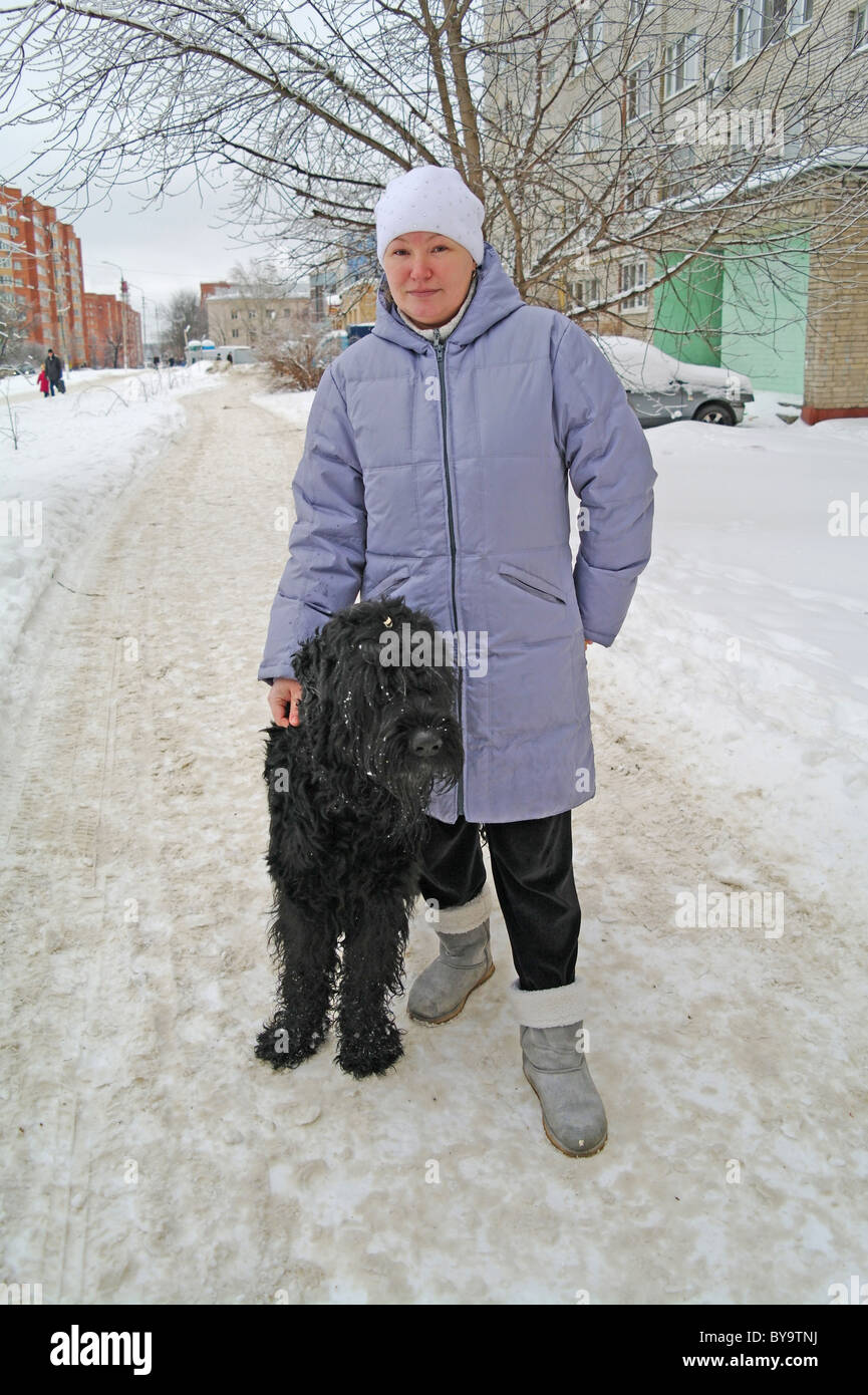 Perro Terrier Negro ruso con el amante en la calle, el invierno en la región de Moscú, Rusia Foto de stock