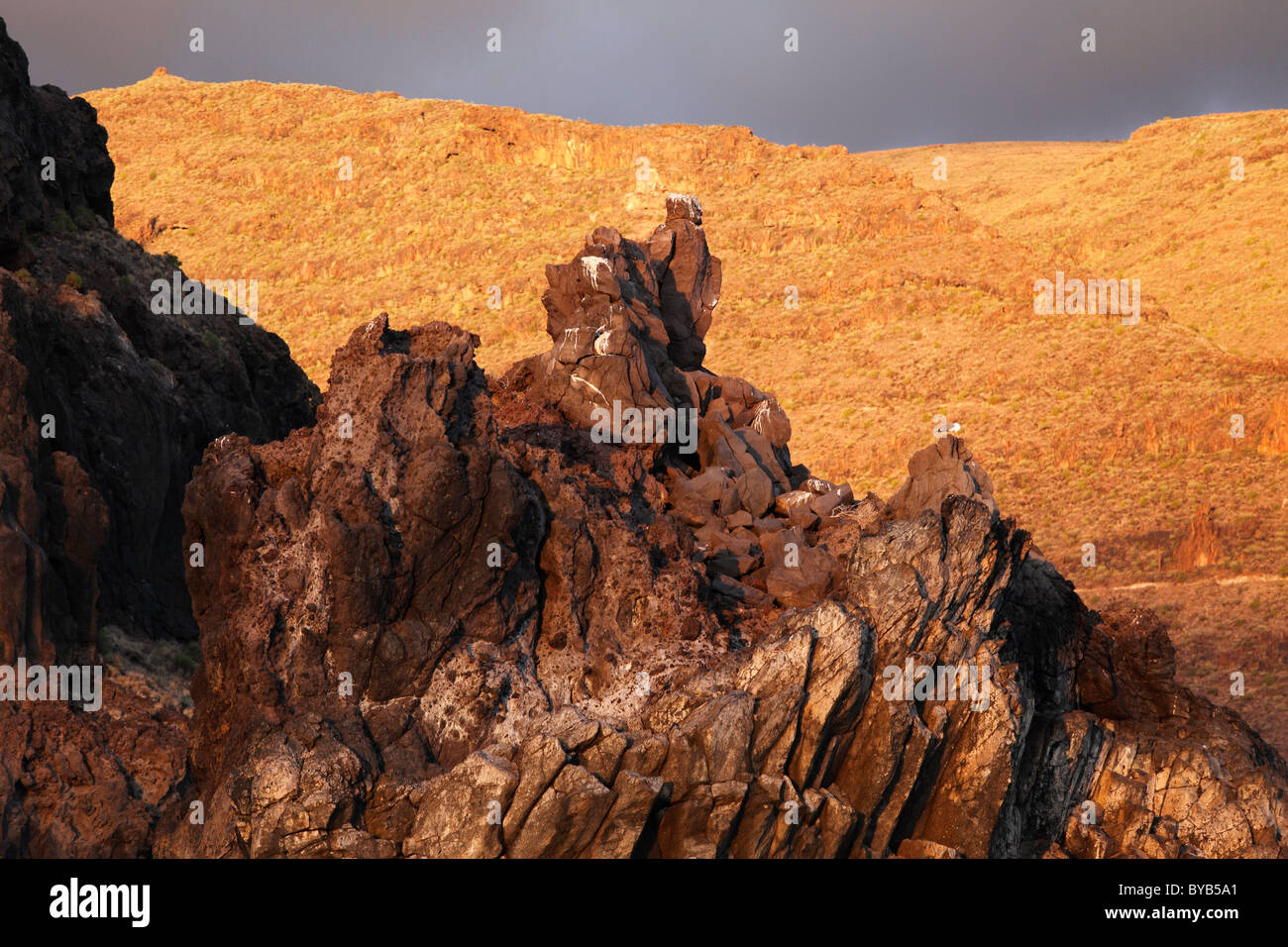 Formación rocosa en la costa suroeste en la luz de la tarde, La Gomera, Islas Canarias, España, Europa Foto de stock