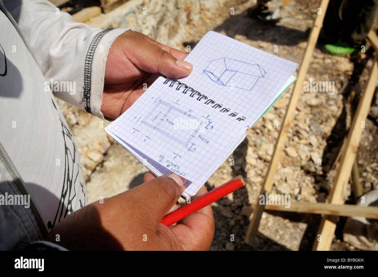 Arquitecto sujetando el diagrama de una casa de madera. Tras el terremoto, en enero de 2010 una ayuda alemana organizaciones es Foto de stock
