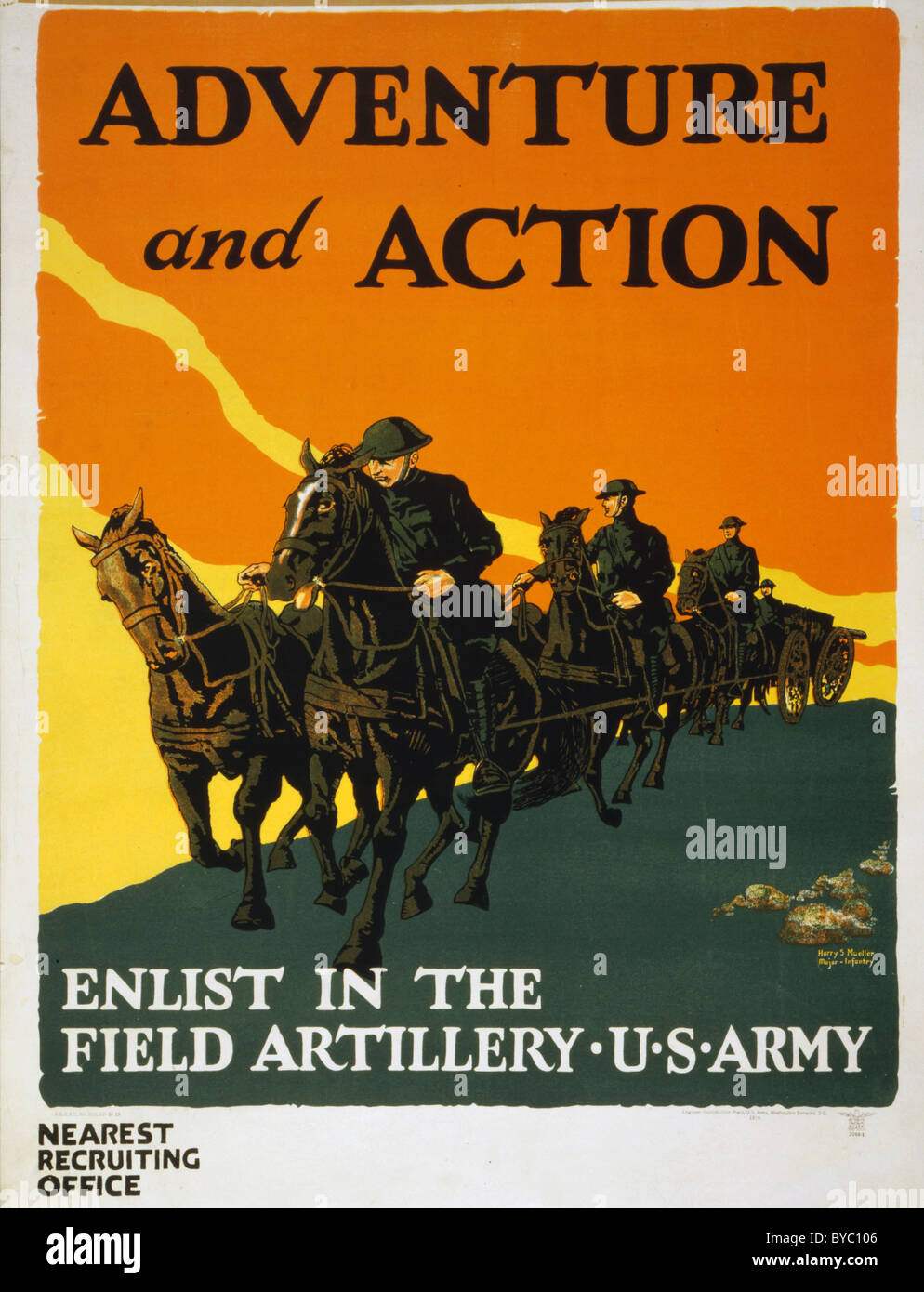 Cartel de reclutamiento del ejército de EE.UU. mostrando un soldados a caballo con equipo de caballos tirando de la artillería.1919 Foto de stock