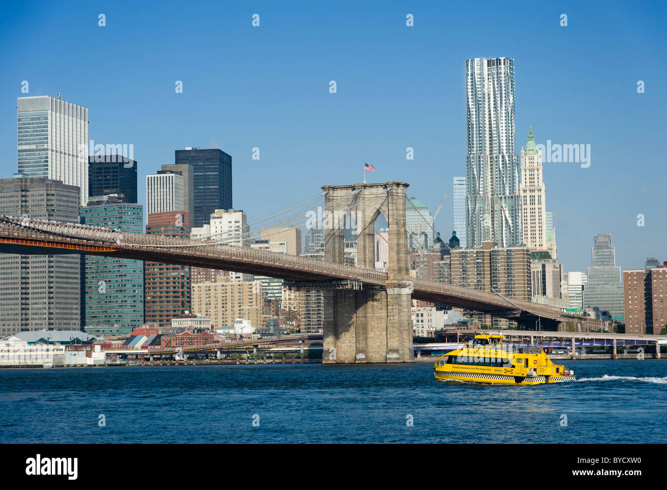 New York Water Taxi acuático por el Puente de Brooklyn sobre el East River, la ciudad de Nueva York, EE.UU. Foto de stock