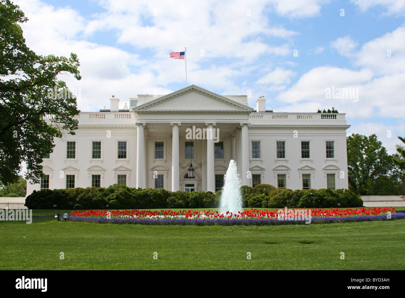 La Casa Blanca en Washington DC en primavera con fuente y tulipanes rojos. Foto de stock